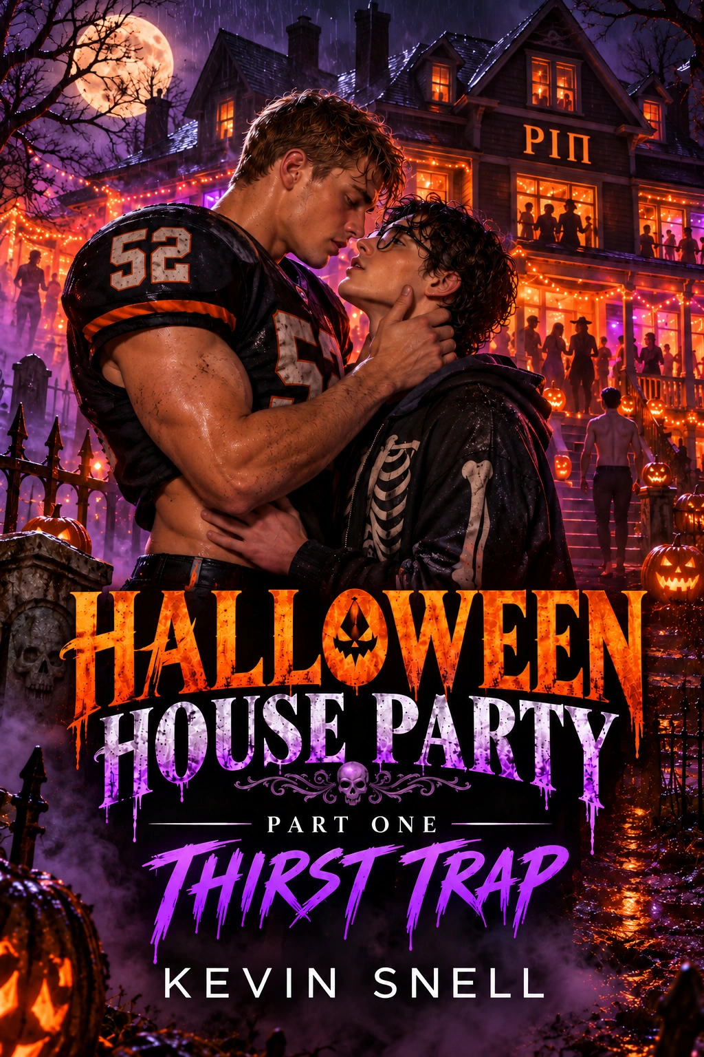 Halloween House Party, Part One—Thirst Trap by Kevin Snell, with two men embracing outside a Halloween-lit fraternity house.
