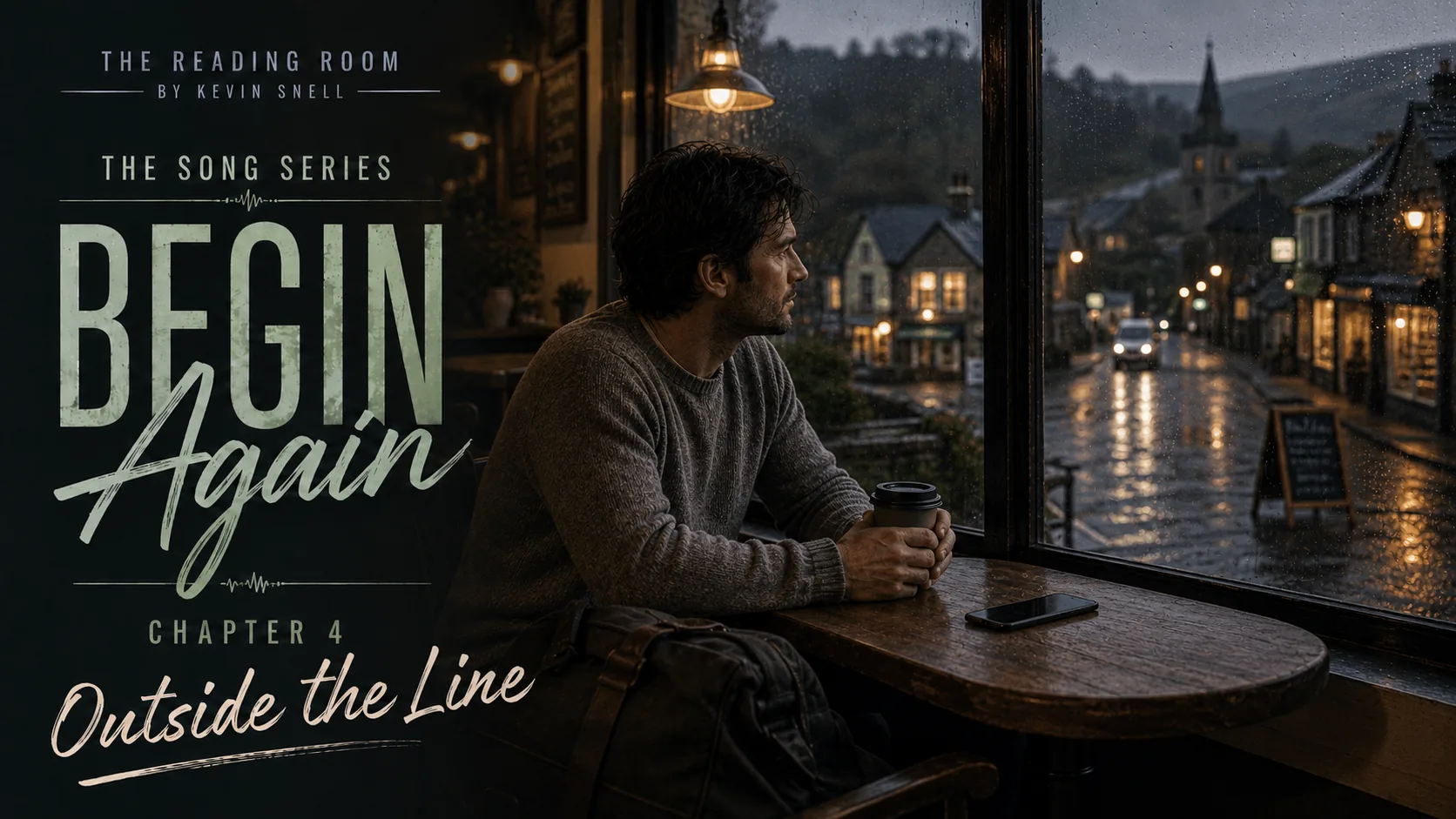 Begin Again, Chapter Four—a man sits with coffee at a café window looking out on a wet Wicklow village street.