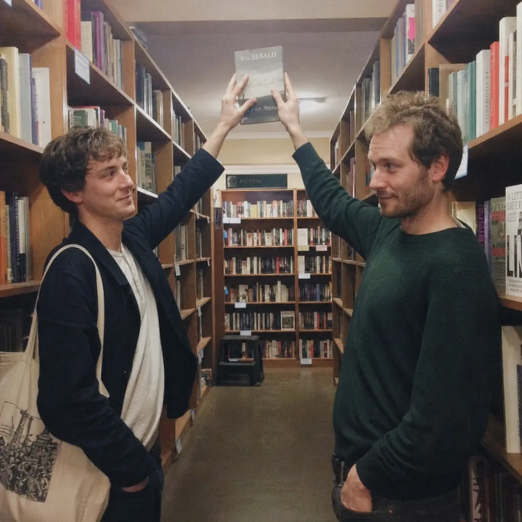 Two men reach for the same book in a quiet shop aisle.