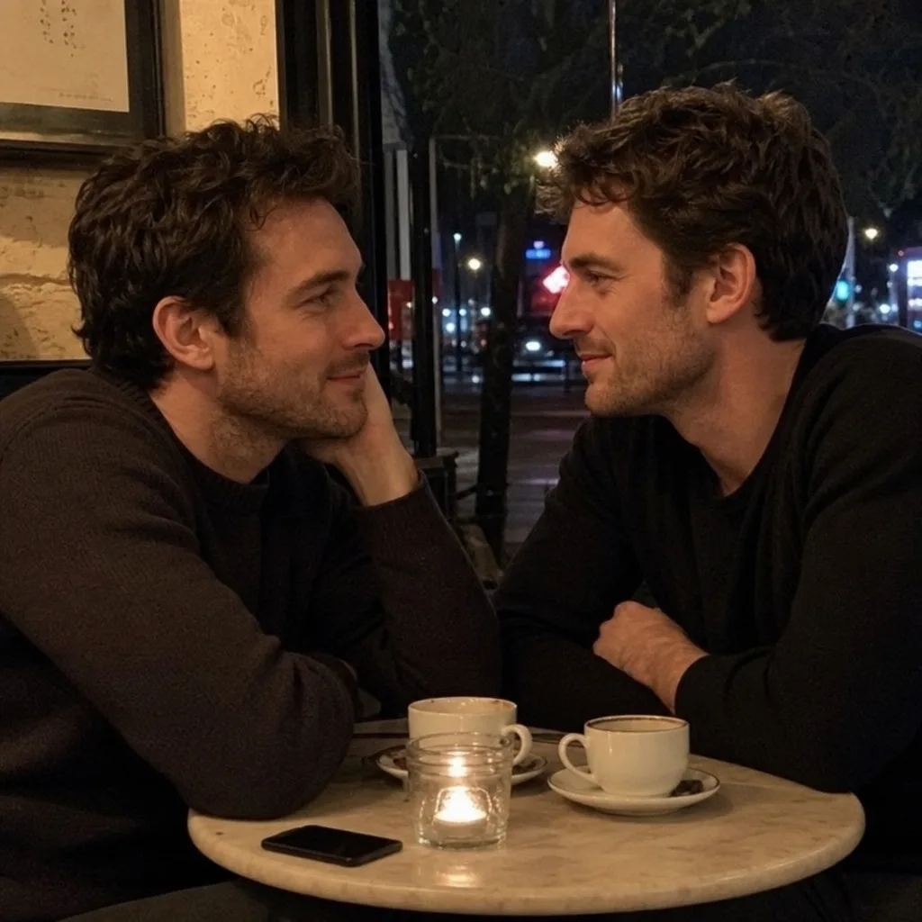Two men lean across a café table, holding each other’s gaze.