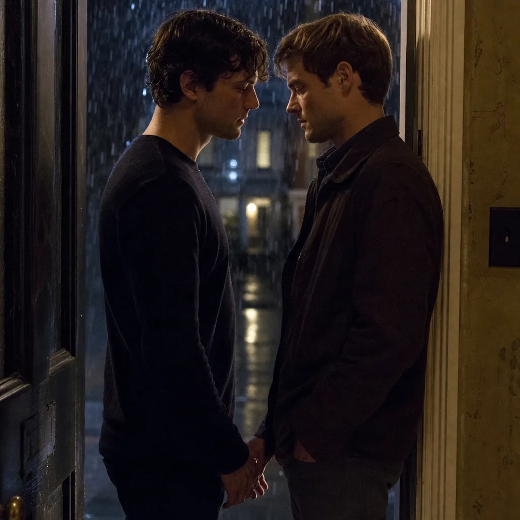 Two men stand close in a rainlit doorway, their hands nearly touching.